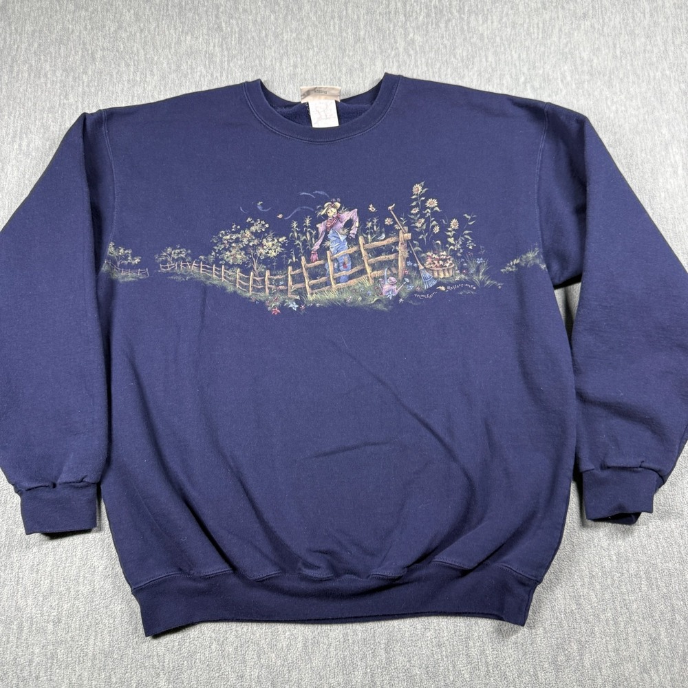 Northern Reflections Sweater Womens L Blue Scarecrow Fall Graphic Fleece Pullove